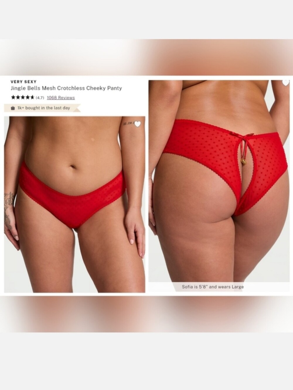 Victoria's Secret Very Sexy Jingle Bells Mesh Crotchless Cheeky Panty MEDIUM